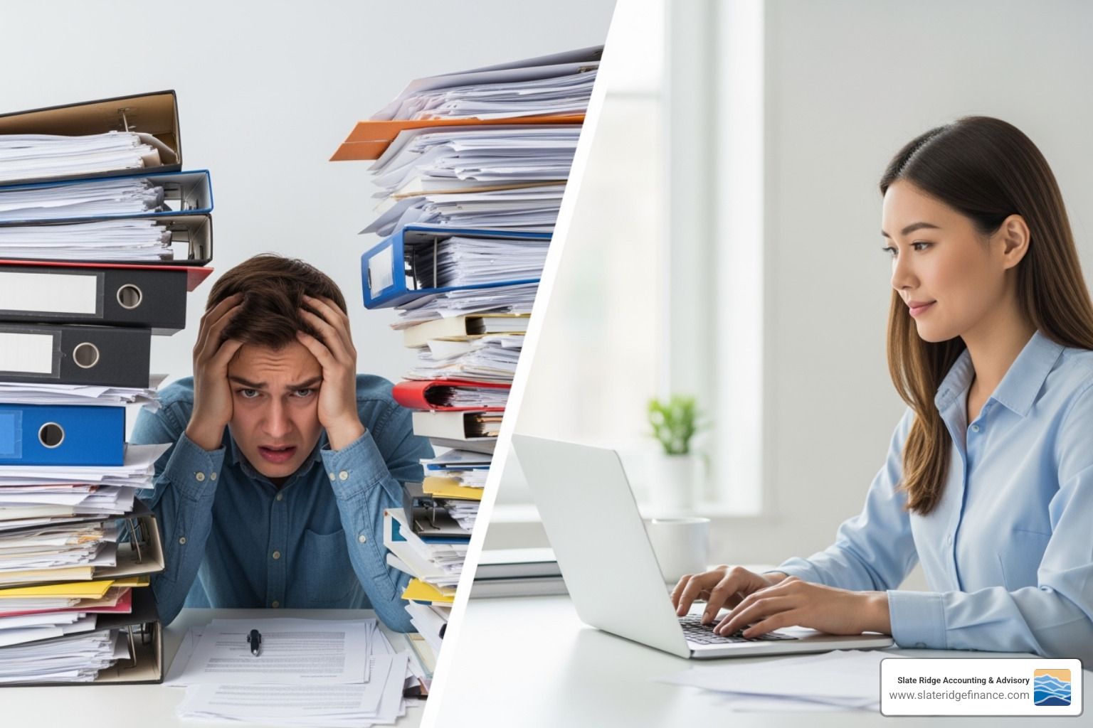 stressed person with paperwork vs calm person with laptop - small business online payroll services stressed person with paperwork vs calm person with laptop - small business online payroll services