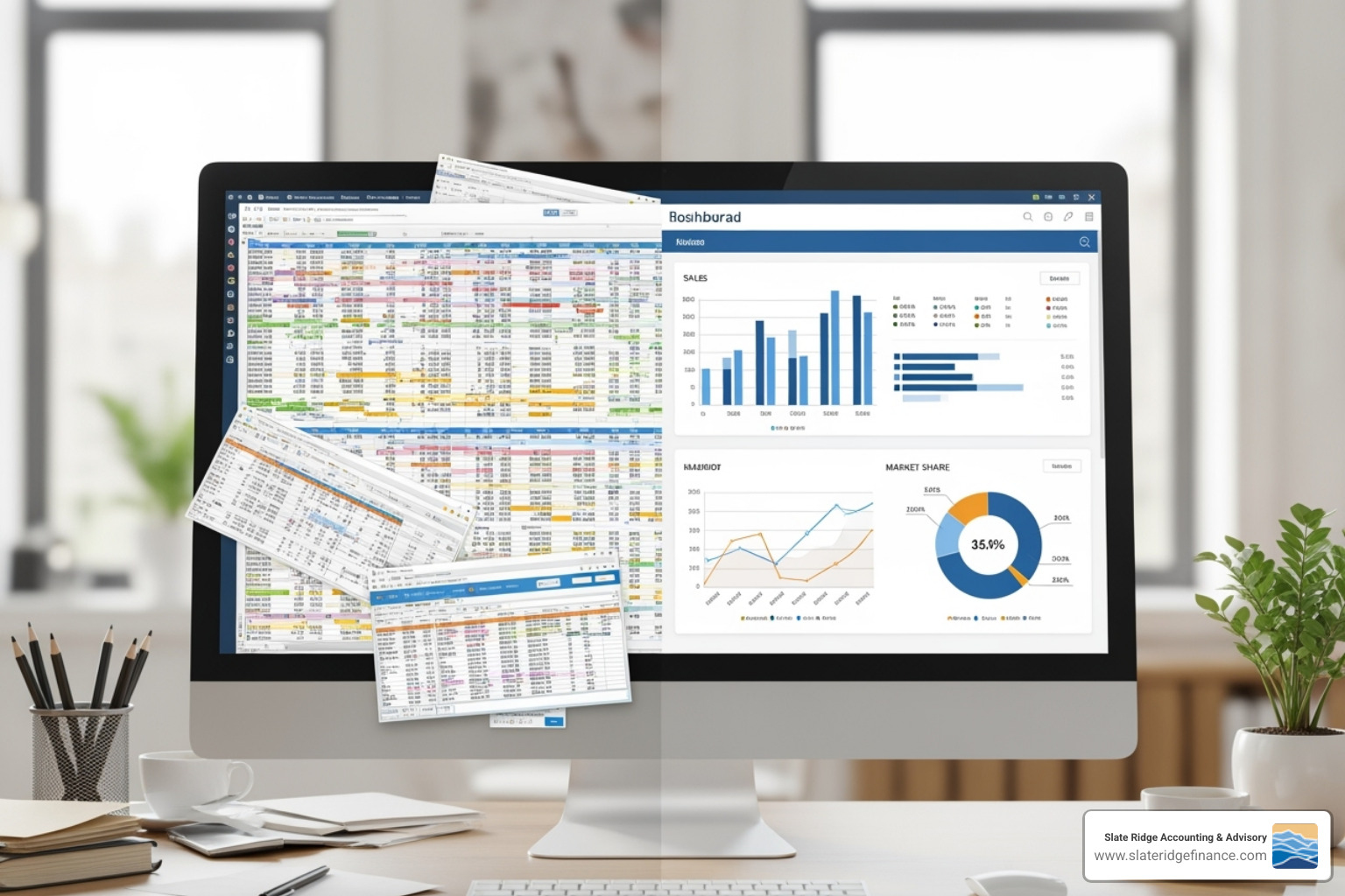 Comparison of a messy KPI spreadsheet vs. a clean, modern KPI software dashboard - how to track KPIs Comparison of a messy KPI spreadsheet vs. a clean, modern KPI software dashboard - how to track KPIs