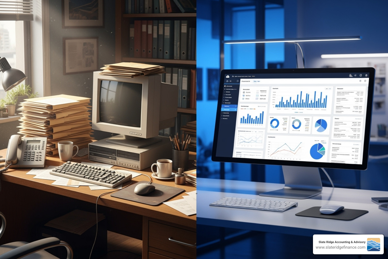 of a split screen showing a traditional office on one side and a cloud-based dashboard on the other - Virtual accounting firm of a split screen showing a traditional office on one side and a cloud-based dashboard on the other - Virtual accounting firm
