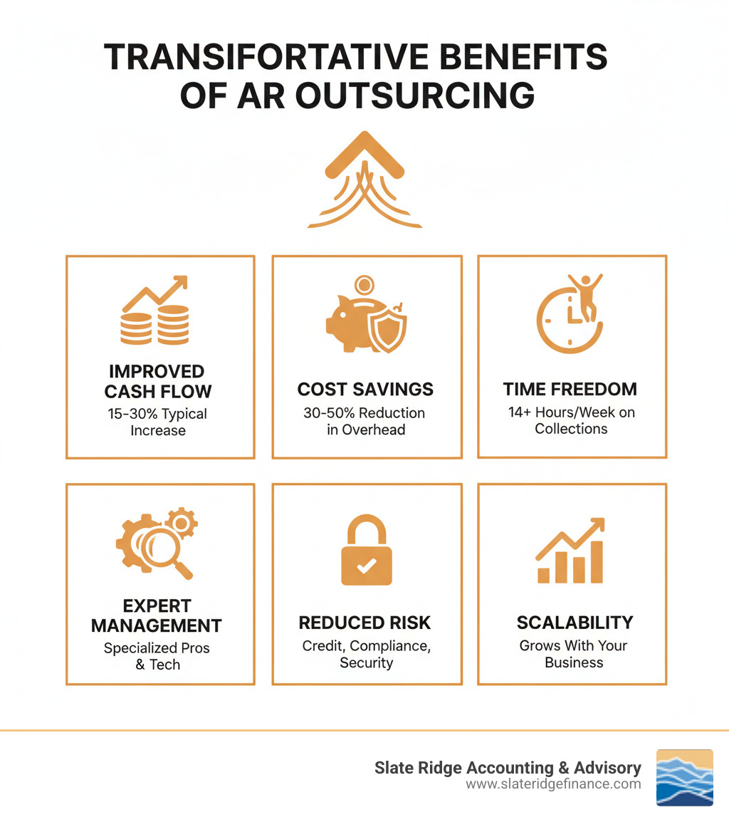 Infographic showing the transformative benefits of accounts receivable outsourcing: Improved Cash Flow with 15-30% typical improvement, Cost Savings of 30-50% reduction in overhead, Time Freedom from 14+ hours per week on collections, Expert Management with specialized AR professionals and advanced technology, Reduced Risk through better credit management and compliance, and Scalability to grow with your business needs - accounts receivable outsourcing infographic Infographic showing the transformative benefits of accounts receivable outsourcing: Improved Cash Flow with 15-30% typical improvement, Cost Savings of 30-50% reduction in overhead, Time Freedom from 14+ hours per week on collections, Expert Management with specialized AR professionals and advanced technology, Reduced Risk through better credit management and compliance, and Scalability to grow with your business needs - accounts receivable outsourcing infographic