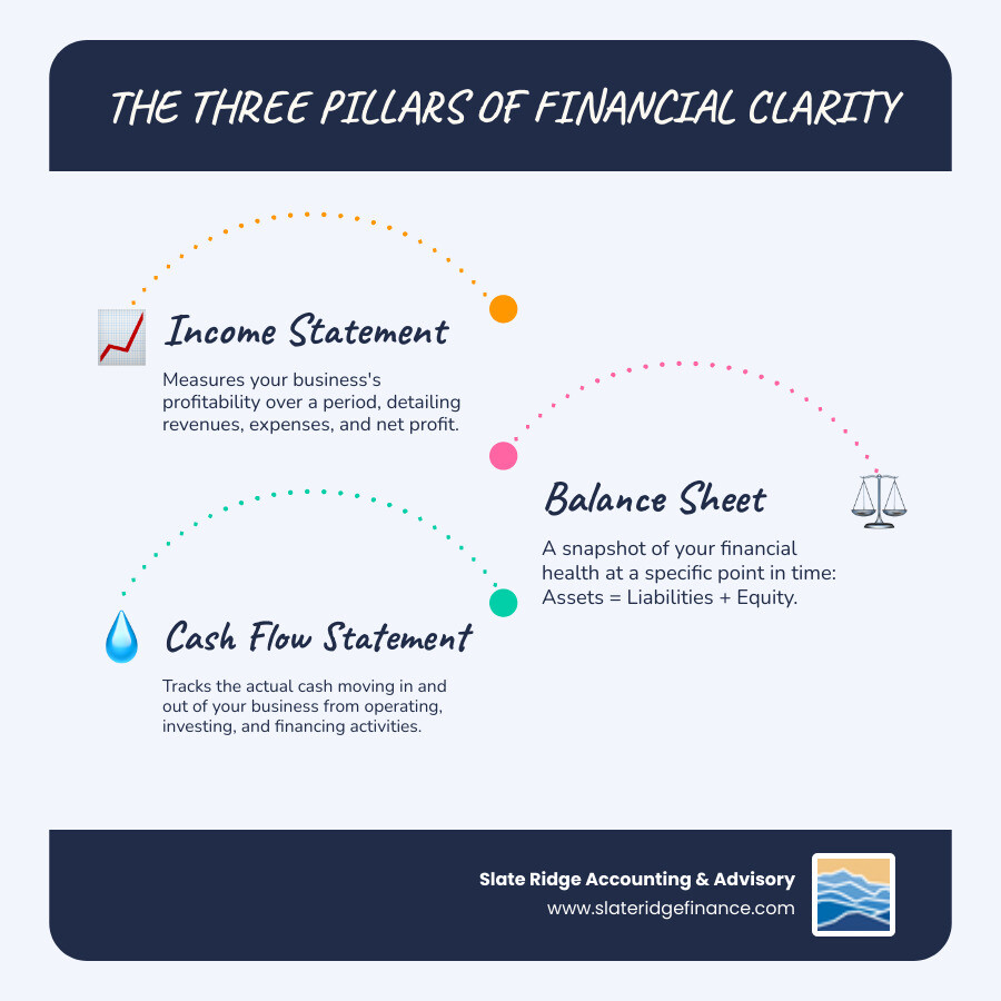 Infographic showing the three core financial statements - Income Statement measuring profitability over time, Balance Sheet showing financial position at a moment, and Cash Flow Statement tracking cash movement - with arrows demonstrating how net income flows from the Income Statement to retained earnings on the Balance Sheet, and how the Cash Flow Statement reconciles profit with actual cash - Small business financial reporting infographic infographic-line-3-steps-blues-accent_colors Infographic showing the three core financial statements - Income Statement measuring profitability over time, Balance Sheet showing financial position at a moment, and Cash Flow Statement tracking cash movement - with arrows demonstrating how net income flows from the Income Statement to retained earnings on the Balance Sheet, and how the Cash Flow Statement reconciles profit with actual cash - Small business financial reporting infographic infographic-line-3-steps-blues-accent_colors