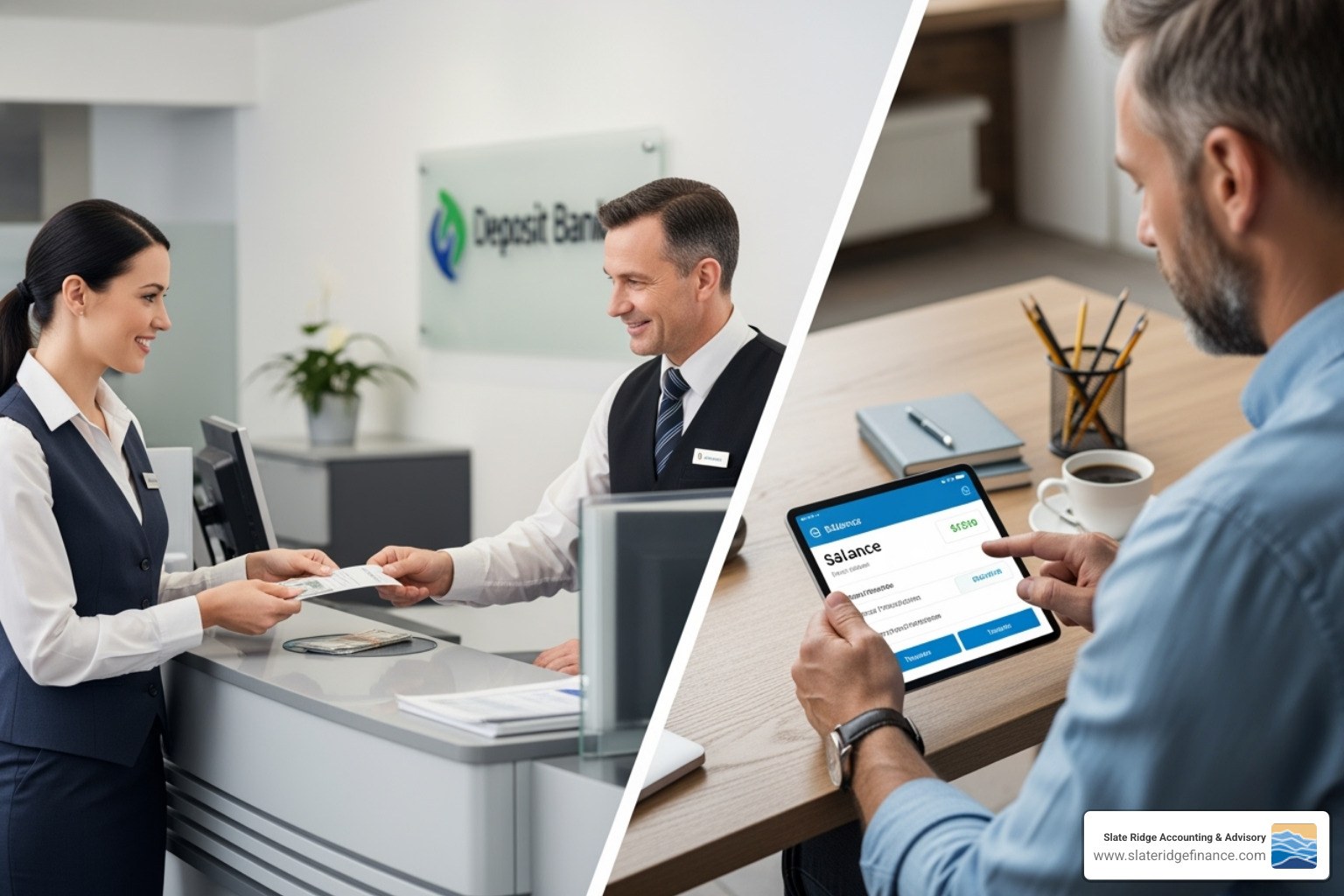 A split image showing a business owner at a bank counter on one side and another business owner using a mobile banking app on a tablet on the other side, representing the comparison between traditional and online banking. - accounts for small business A split image showing a business owner at a bank counter on one side and another business owner using a mobile banking app on a tablet on the other side, representing the comparison between traditional and online banking. - accounts for small business