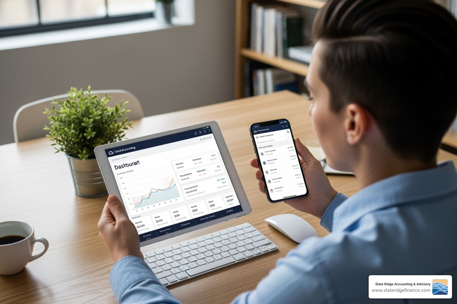 Person using cloud accounting software on a tablet and phone - Small business financial reporting Person using cloud accounting software on a tablet and phone - Small business financial reporting