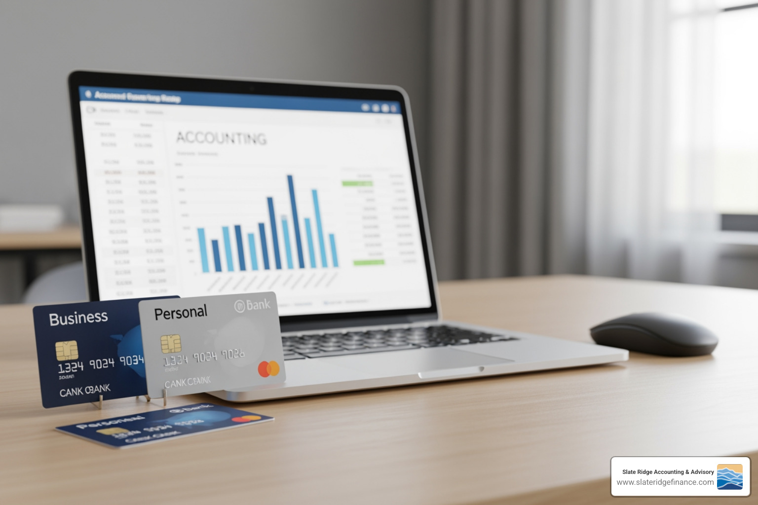 Clean desk with separate business and personal bank cards and a laptop showing accounting software - Financial planning small business Clean desk with separate business and personal bank cards and a laptop showing accounting software - Financial planning small business