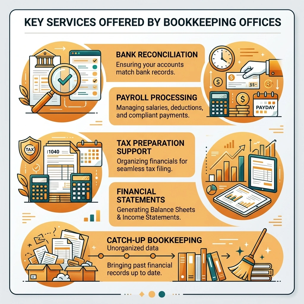 Infographic showing key services offered by bookkeeping offices: reconciliation, payroll, tax prep, financial statements Infographic showing key services offered by bookkeeping offices: reconciliation, payroll, tax prep, financial statements
