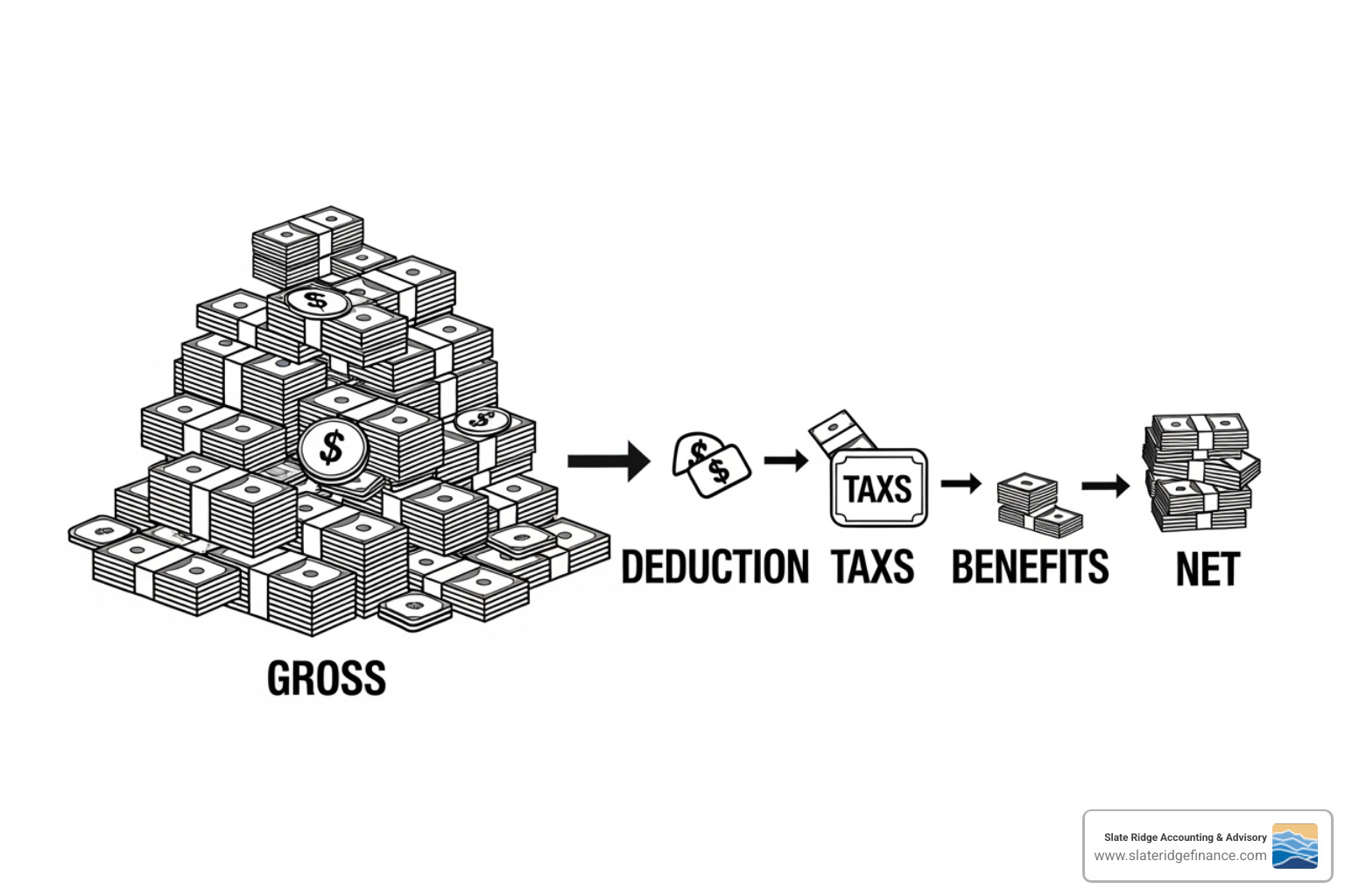 flowchart showing Gross Pay to Net Pay - payroll accounting for small business flowchart showing Gross Pay to Net Pay - payroll accounting for small business