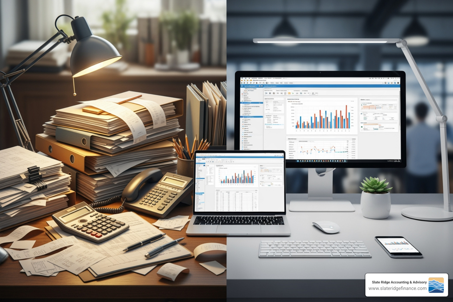 cluttered desk with paper ledgers and a streamlined digital workspace - Modern bookkeeping services cluttered desk with paper ledgers and a streamlined digital workspace - Modern bookkeeping services