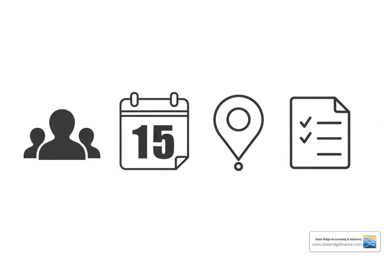 icons representing number of people, a calendar, a map, and a checklist - cost of payroll services for small business icons representing number of people, a calendar, a map, and a checklist - cost of payroll services for small business