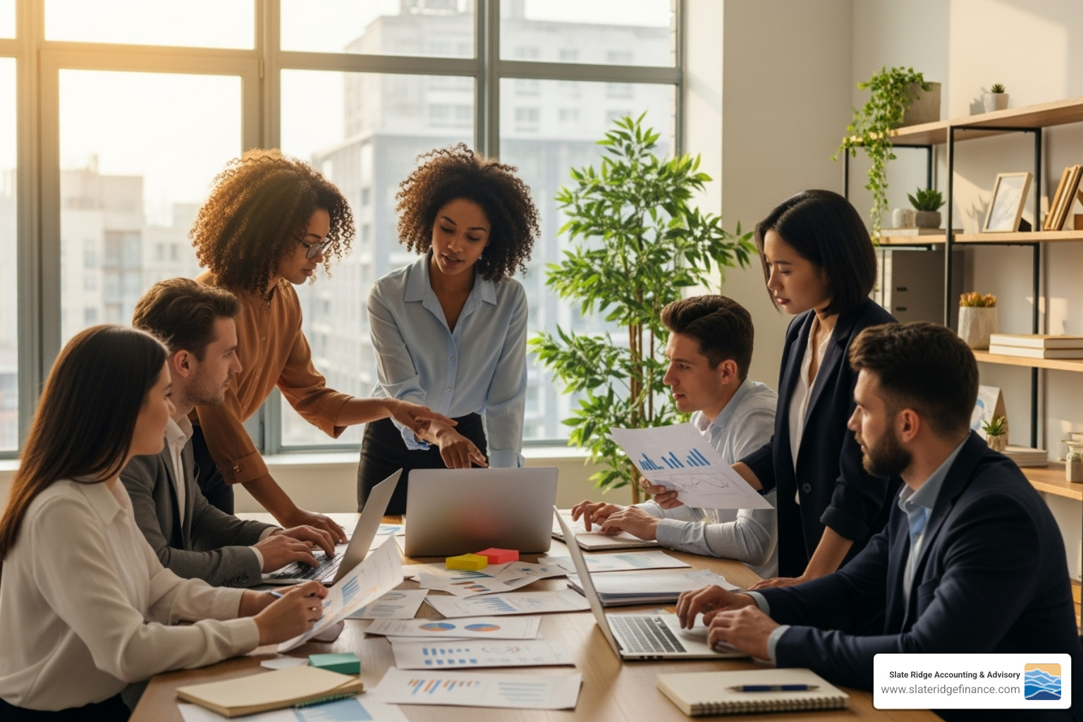 Image of a team collaborating on financial reports, showing diverse individuals working together on screens and documents - financial reporting services Image of a team collaborating on financial reports, showing diverse individuals working together on screens and documents - financial reporting services