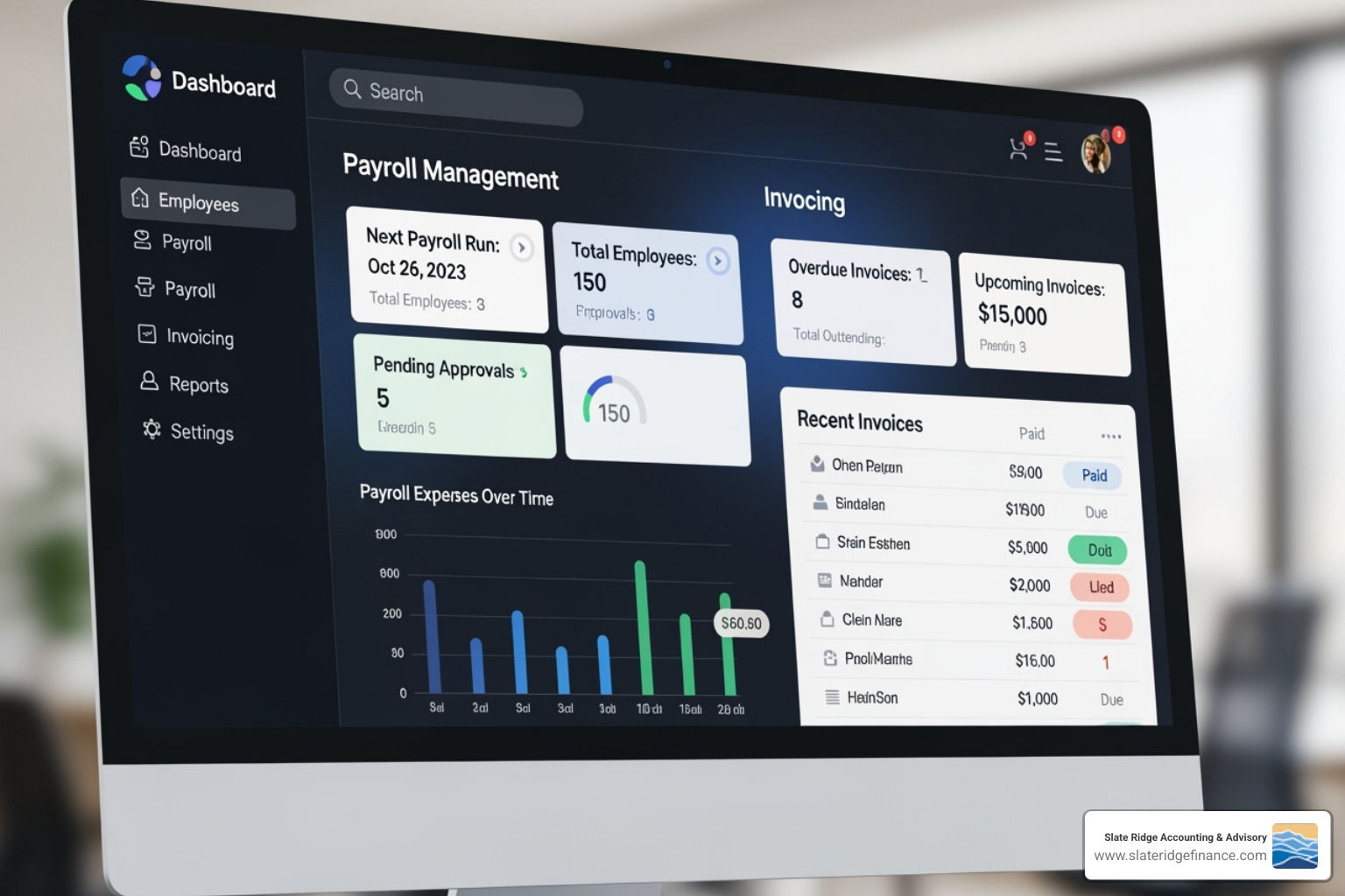 software dashboard showing payroll and invoicing modules - payroll and billing software software dashboard showing payroll and invoicing modules - payroll and billing software
