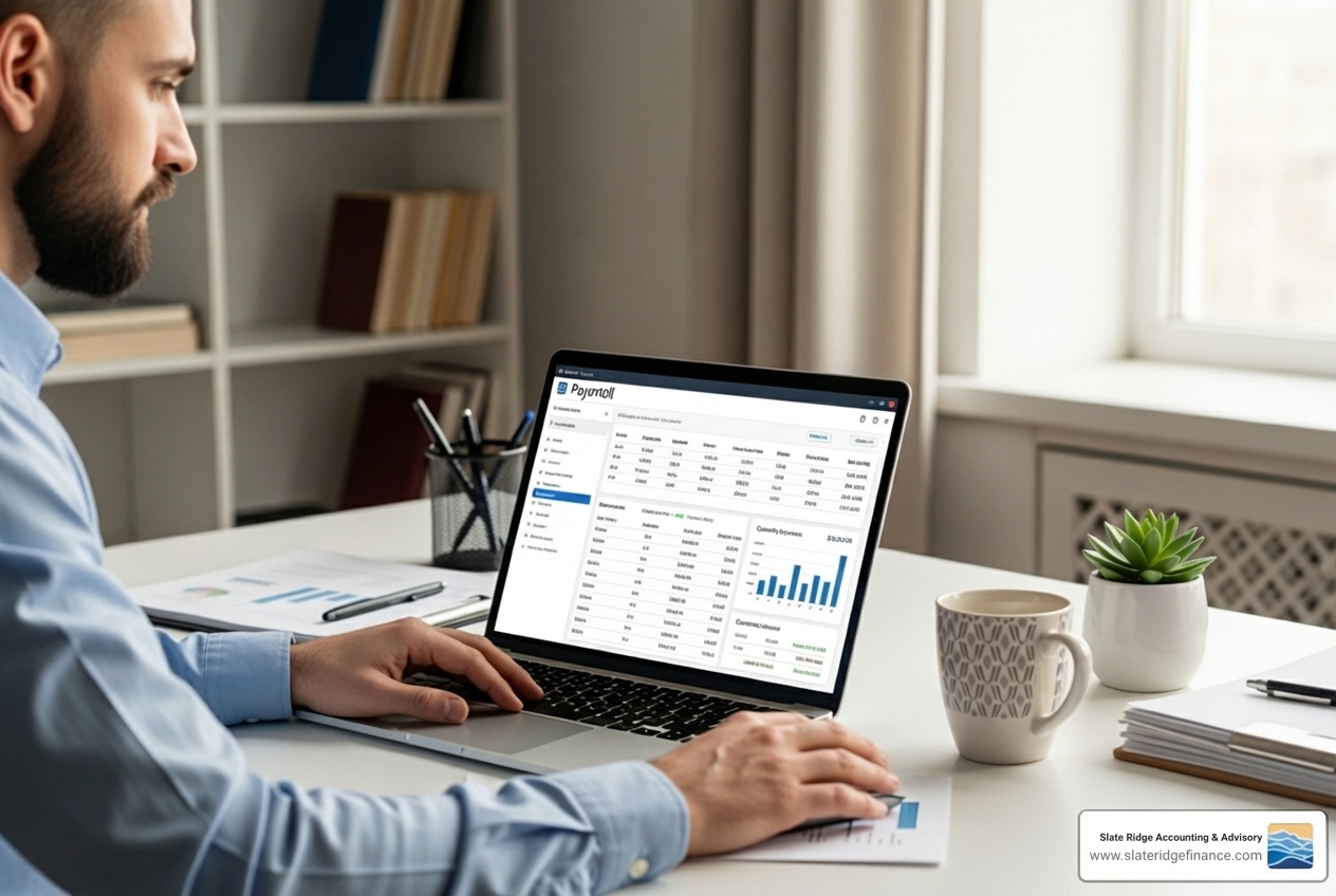 small business owner using laptop for payroll - small business direct deposit payroll