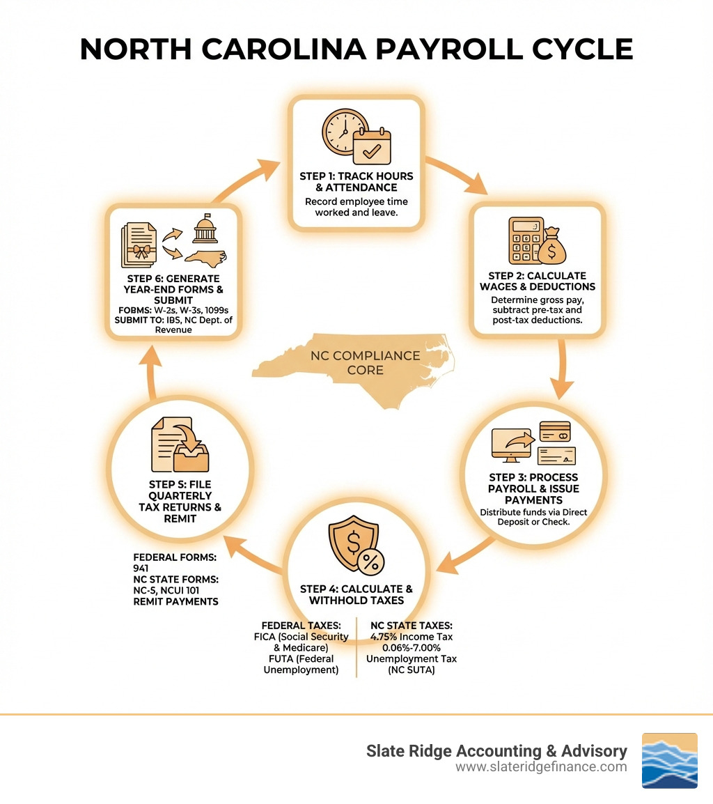 Infographic showing the payroll cycle: Step 1 - Track employee hours and attendance; Step 2 - Calculate gross wages and deductions; Step 3 - Process payroll and issue payments via direct deposit or check; Step 4 - Calculate and withhold federal taxes (FICA, FUTA) and NC state taxes (4.75% income tax, 0.06-7.00% unemployment tax); Step 5 - File quarterly tax returns (Federal 941, NC-5, NCUI 101) and remit payments; Step 6 - Generate year-end tax forms (W-2s, W-3s, 1099s) and submit to IRS and NC Department of Revenue - North Carolina payroll service infographic Infographic showing the payroll cycle: Step 1 - Track employee hours and attendance; Step 2 - Calculate gross wages and deductions; Step 3 - Process payroll and issue payments via direct deposit or check; Step 4 - Calculate and withhold federal taxes (FICA, FUTA) and NC state taxes (4.75% income tax, 0.06-7.00% unemployment tax); Step 5 - File quarterly tax returns (Federal 941, NC-5, NCUI 101) and remit payments; Step 6 - Generate year-end tax forms (W-2s, W-3s, 1099s) and submit to IRS and NC Department of Revenue - North Carolina payroll service infographic