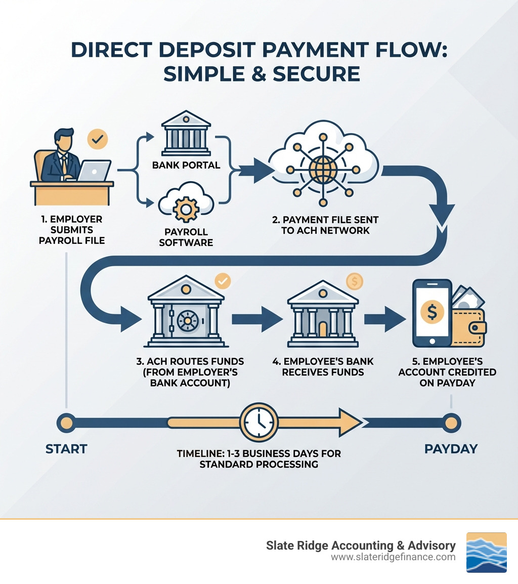Infographic showing the direct deposit payment flow: 1) Employer submits payroll file to bank or payroll software, 2) Payment file sent to ACH network, 3) ACH routes funds from employer's bank account, 4) Employee's bank receives funds, 5) Employee's account credited on payday. Timeline shows 1-3 business days for standard processing. - small business direct deposit payroll infographic Infographic showing the direct deposit payment flow: 1) Employer submits payroll file to bank or payroll software, 2) Payment file sent to ACH network, 3) ACH routes funds from employer's bank account, 4) Employee's bank receives funds, 5) Employee's account credited on payday. Timeline shows 1-3 business days for standard processing. - small business direct deposit payroll infographic