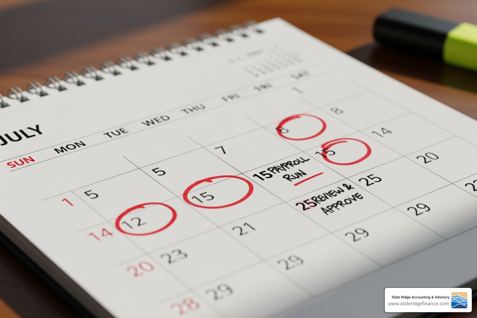 Calendar with payroll dates circled, highlighting the importance of timely processing - paychecks Calendar with payroll dates circled, highlighting the importance of timely processing - paychecks