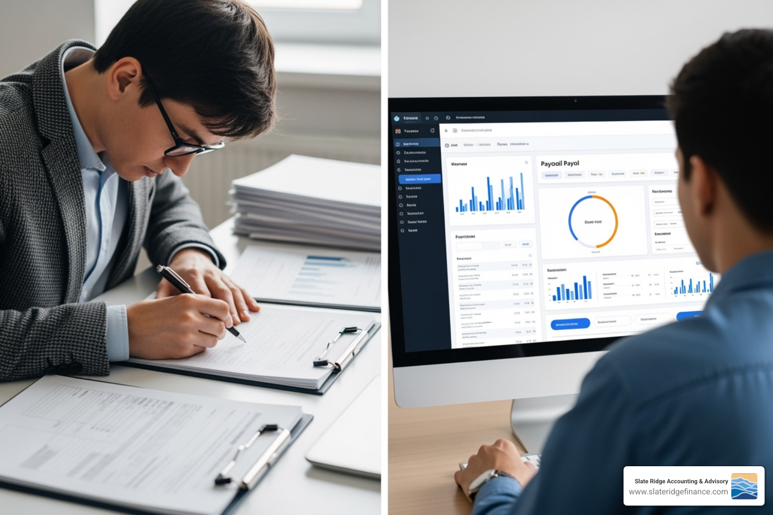 split screen showing a person manually doing paperwork vs. an automated software dashboard - cost of payroll services for small business split screen showing a person manually doing paperwork vs. an automated software dashboard - cost of payroll services for small business