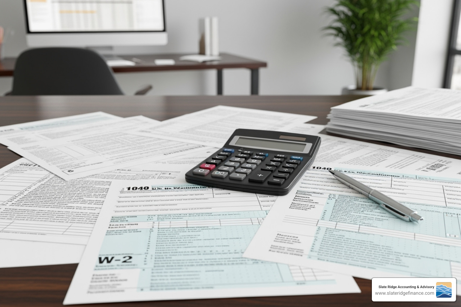 tax forms and a calculator - accounting and payroll services for small business