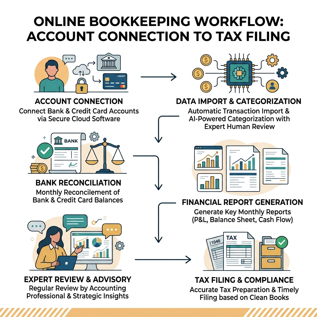 Online bookkeeping workflow from account connection to monthly reports and tax filing - bookkeeping and accounting services Online bookkeeping workflow from account connection to monthly reports and tax filing - bookkeeping and accounting services