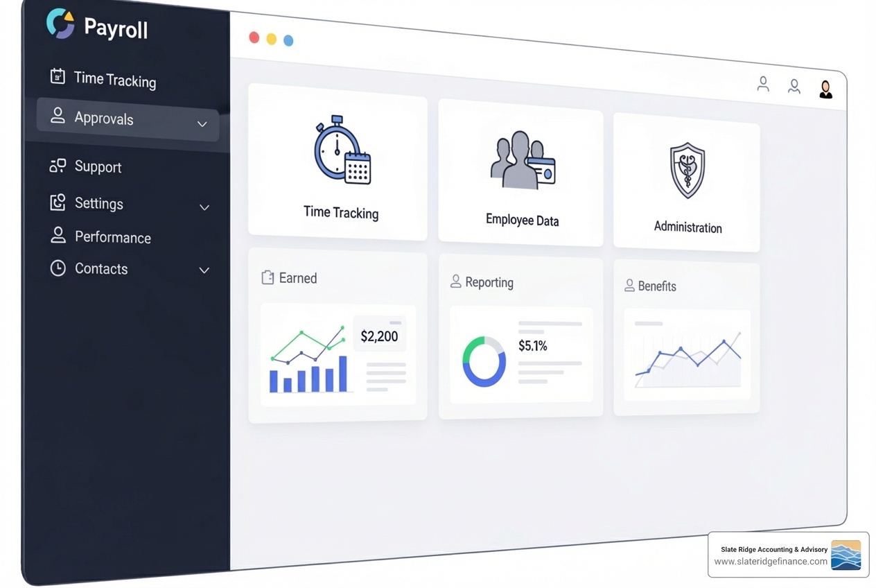 software interface with different feature modules like time tracking and reporting - automated payroll system software interface with different feature modules like time tracking and reporting - automated payroll system