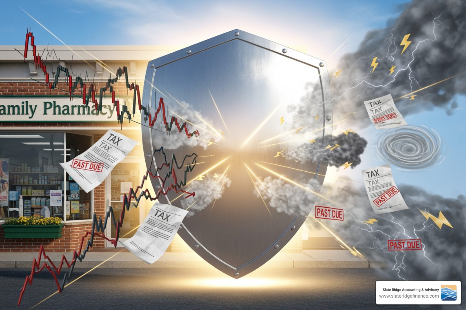Shield protecting business assets from risks like taxes and market volatility - Financial planning small business Shield protecting business assets from risks like taxes and market volatility - Financial planning small business