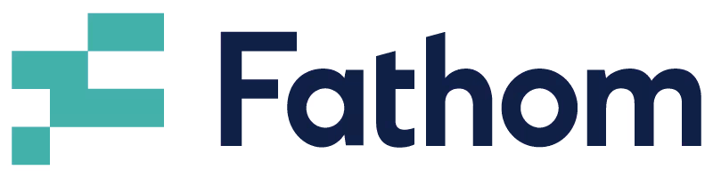 Fathom logo with stylized geometric letter F in teal and navy colors