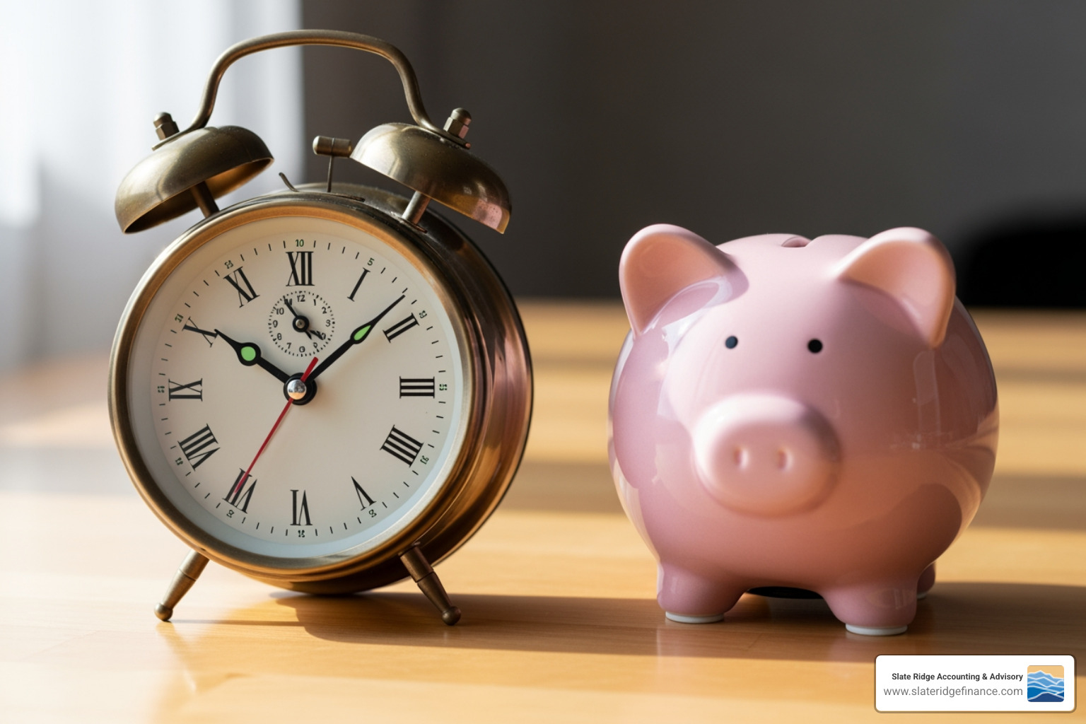 a clock and a piggy bank side-by-side - automated payroll systems for small business a clock and a piggy bank side-by-side - automated payroll systems for small business